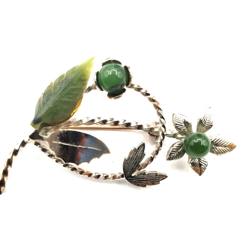 Vintage Green Stones‎ Silver Tone Floral Spray Brooch Pin